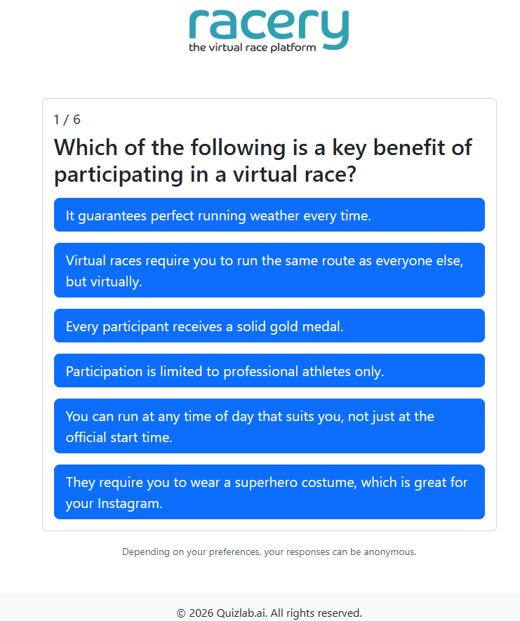 Quiz question page showing question 1 of 6 with six blue answer buttons