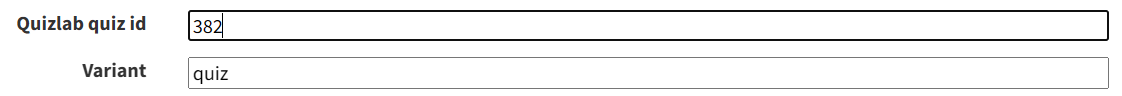 Bling admin showing Quizlab quiz id set to 382 and Variant set to quiz